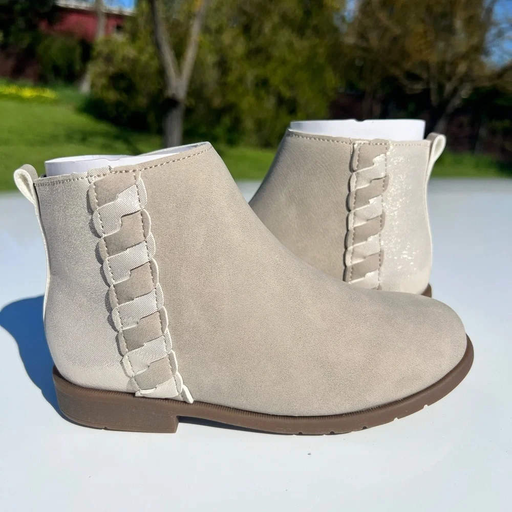 Little Girls Beige Side-Zip Ankle Boots with Braided Accent